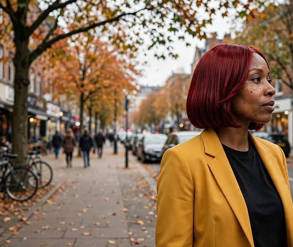 Woman with a cherry-red high-gloss chin-length bob turning confidently on a city sidewalk