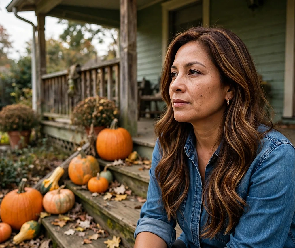 Woman with caramel apple highlights on chestnut hair sitting on porch steps beside pumpkins