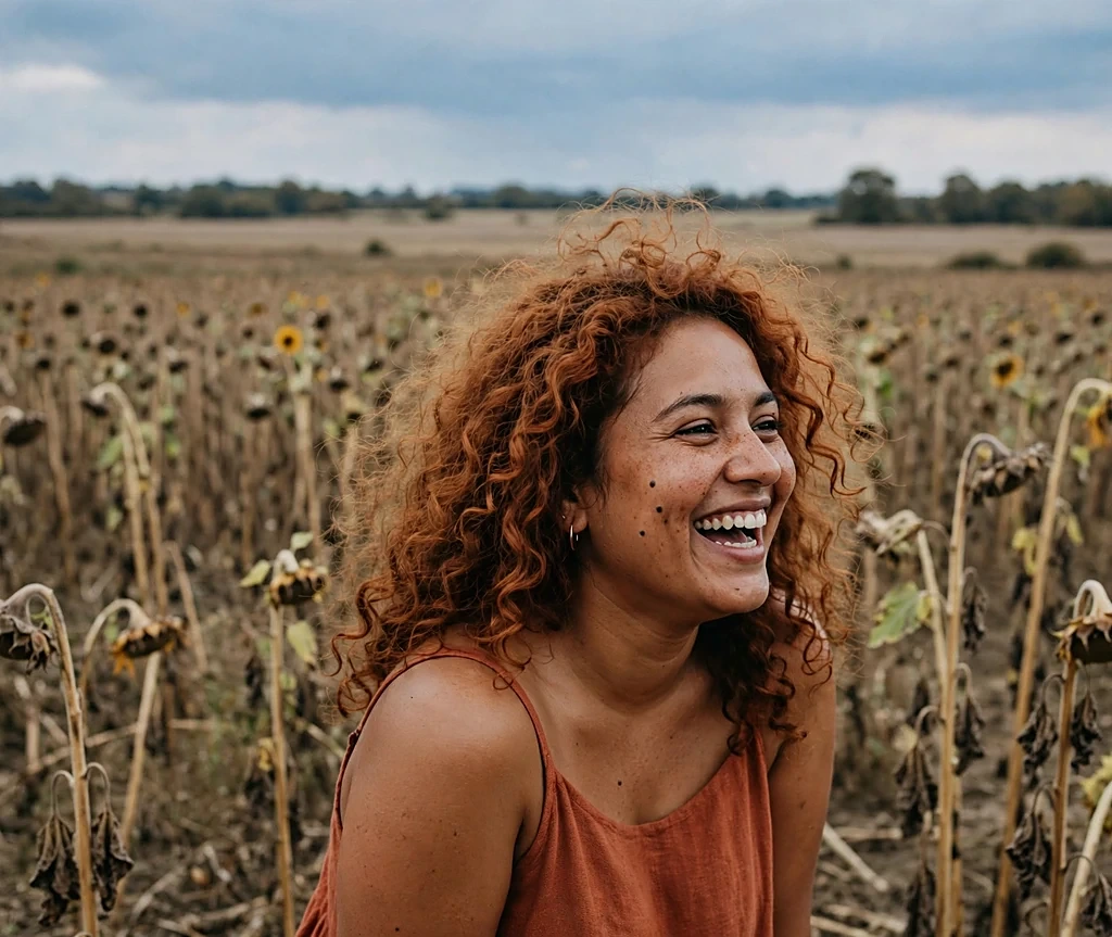 Woman with cinnamon-spice copper ringlets laughing in a terracotta dress outdoors