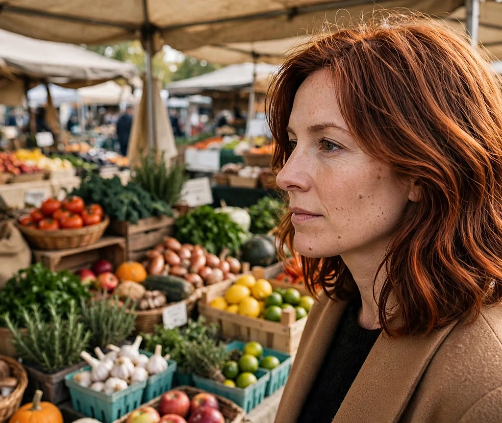 Woman with auburn ember layered shoulder-length hair at a farmers market in a camel coat