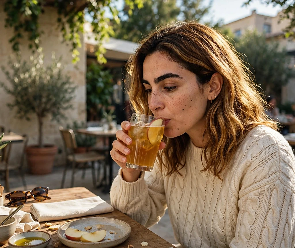 Woman with a honey amber long bob sipping cider at an outdoor café table