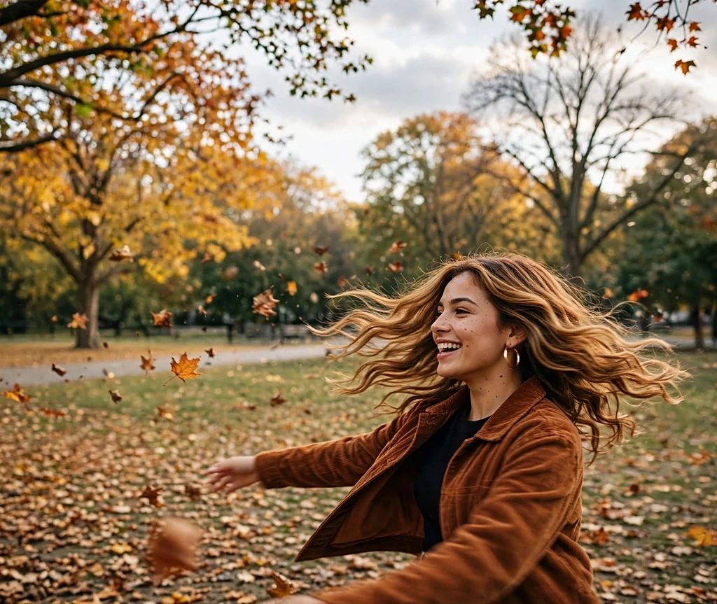 Woman with golden chestnut glossy waves twirling outdoors among swirling leaves