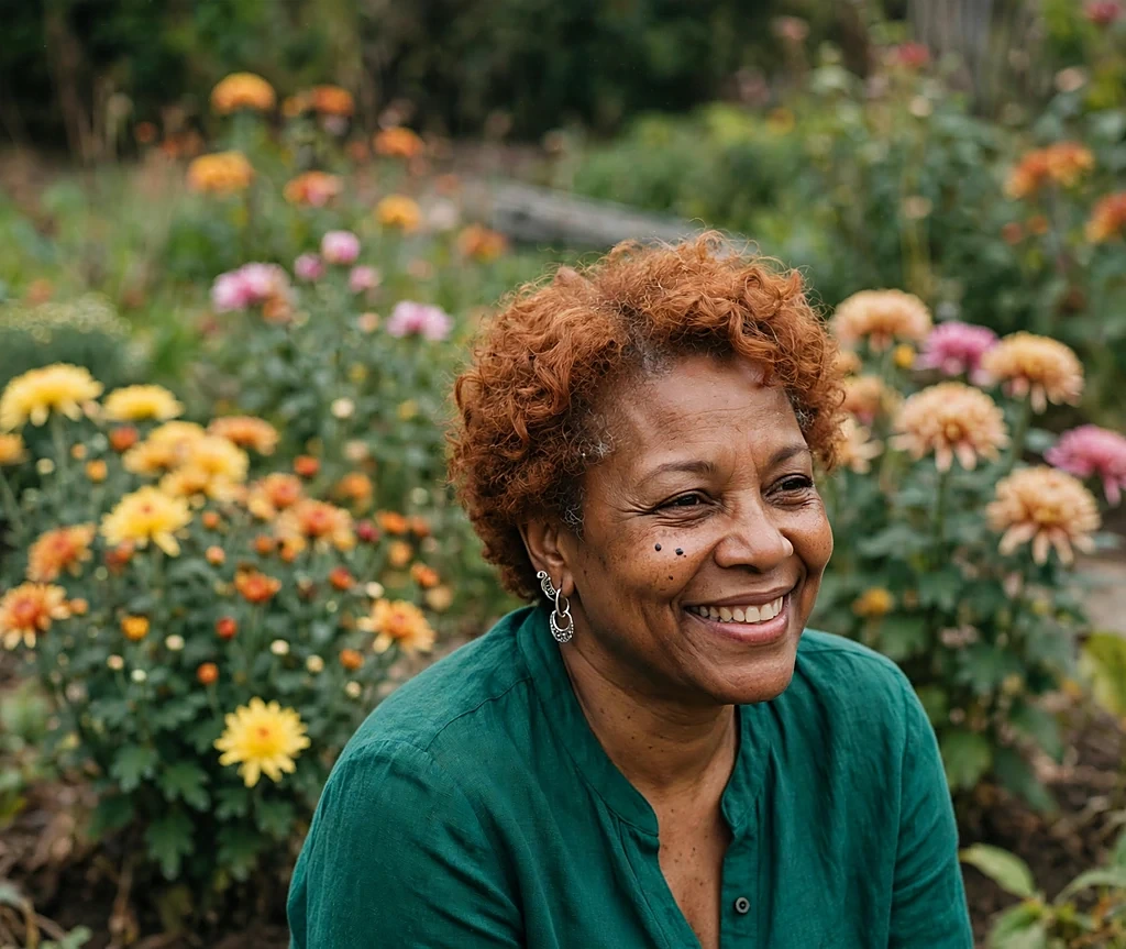 Elegant woman with gingerbread warm copper short natural curls smiling in a garden
