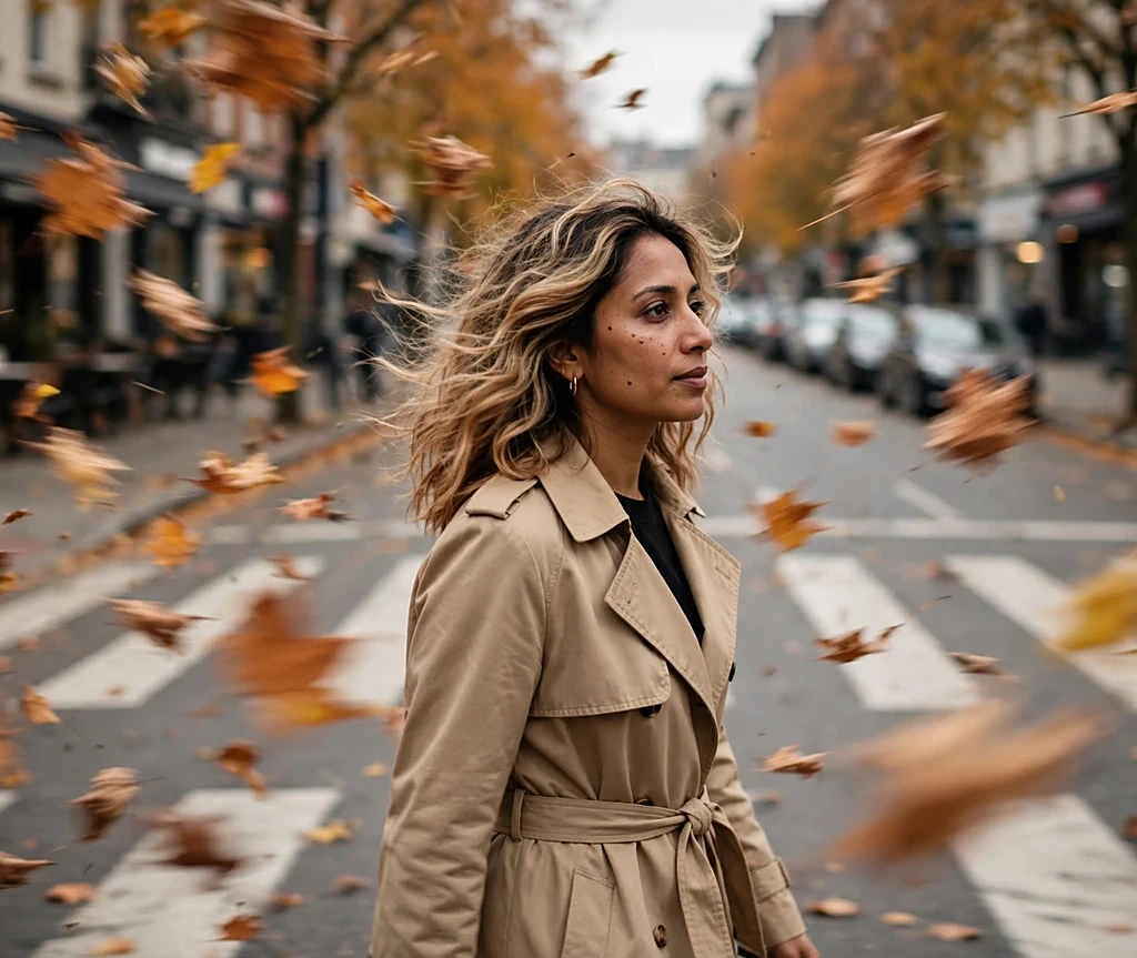 Woman with apple cider blonde-copper balayage on a wavy lob crossing a street with falling leaves