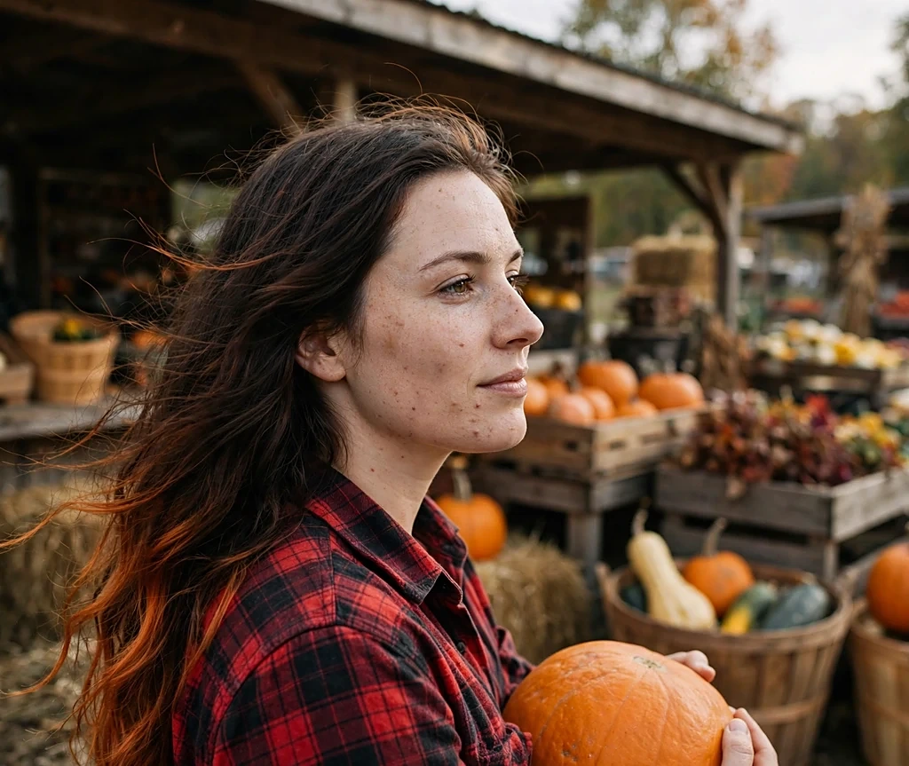 Woman with burnt orange dip-dye ends on dark brown hair holding a pumpkin at a farm stand