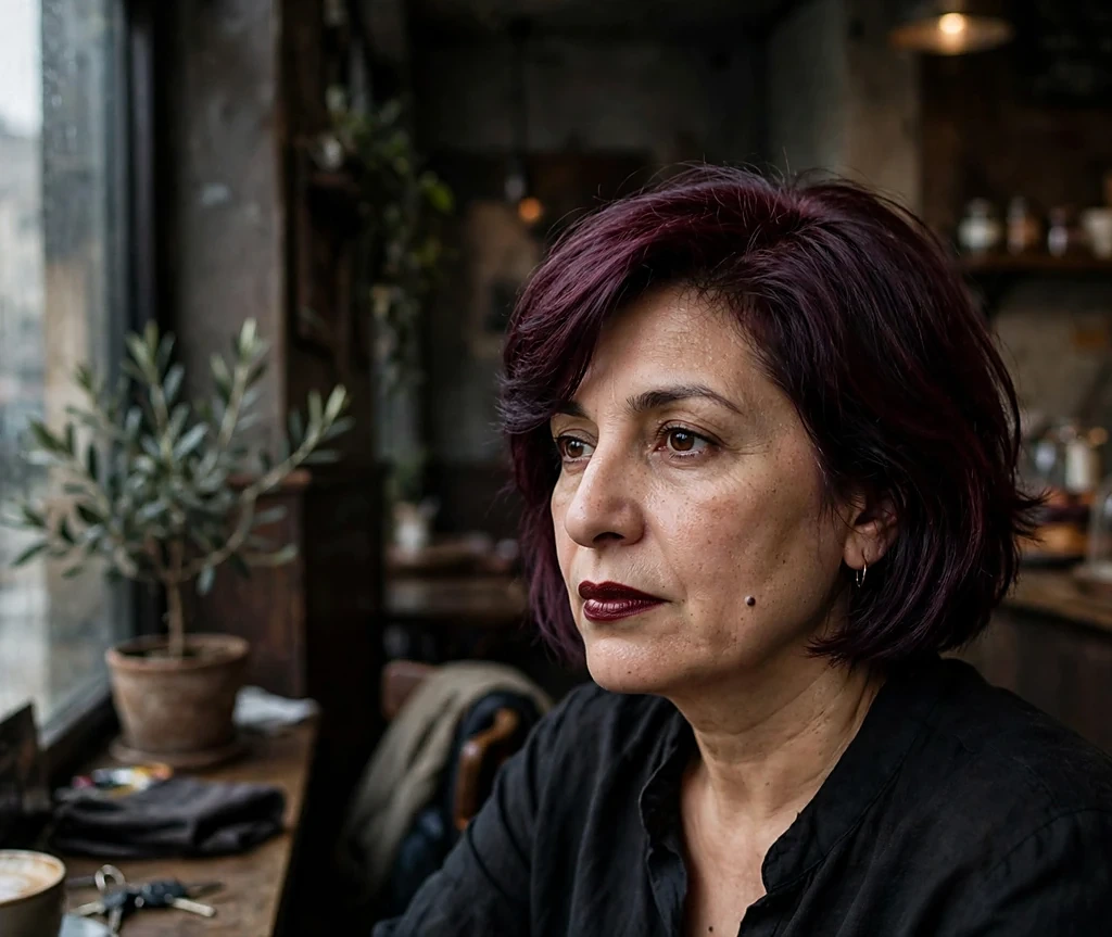 Woman with a mulberry wine deep red-violet bob with a side sweep in a moody café corner