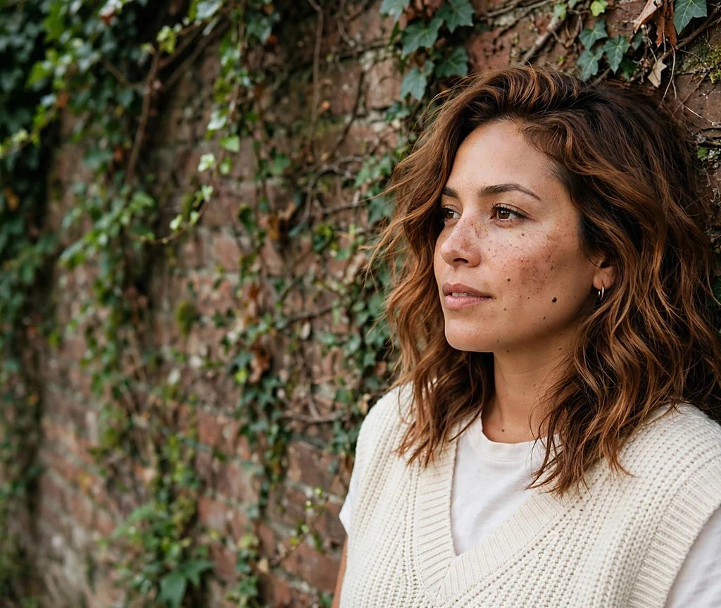 Woman with toasted hazelnut brown-copper beachy waves leaning against a brick wall with ivy