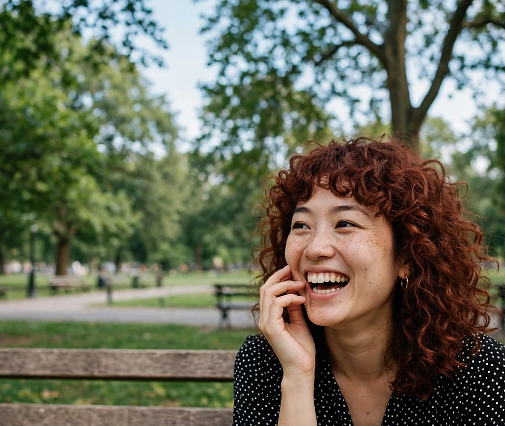 Woman with raspberry truffle red-brown bouncy curls and bangs laughing on a park bench