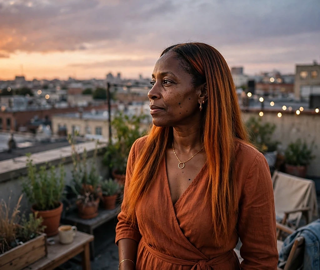 Woman with autumn sunset ombré from deep brown to burnt orange wearing a rust wrap dress at dusk