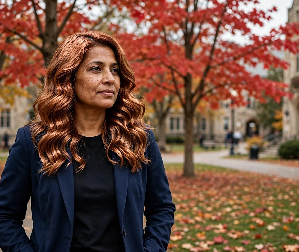 Woman with bronze foil metallic copper waves on a university campus with red maples