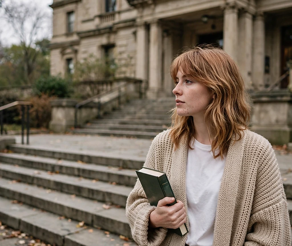 Woman with spiced latte beige-copper layered hair and curtain bangs holding a book on library steps
