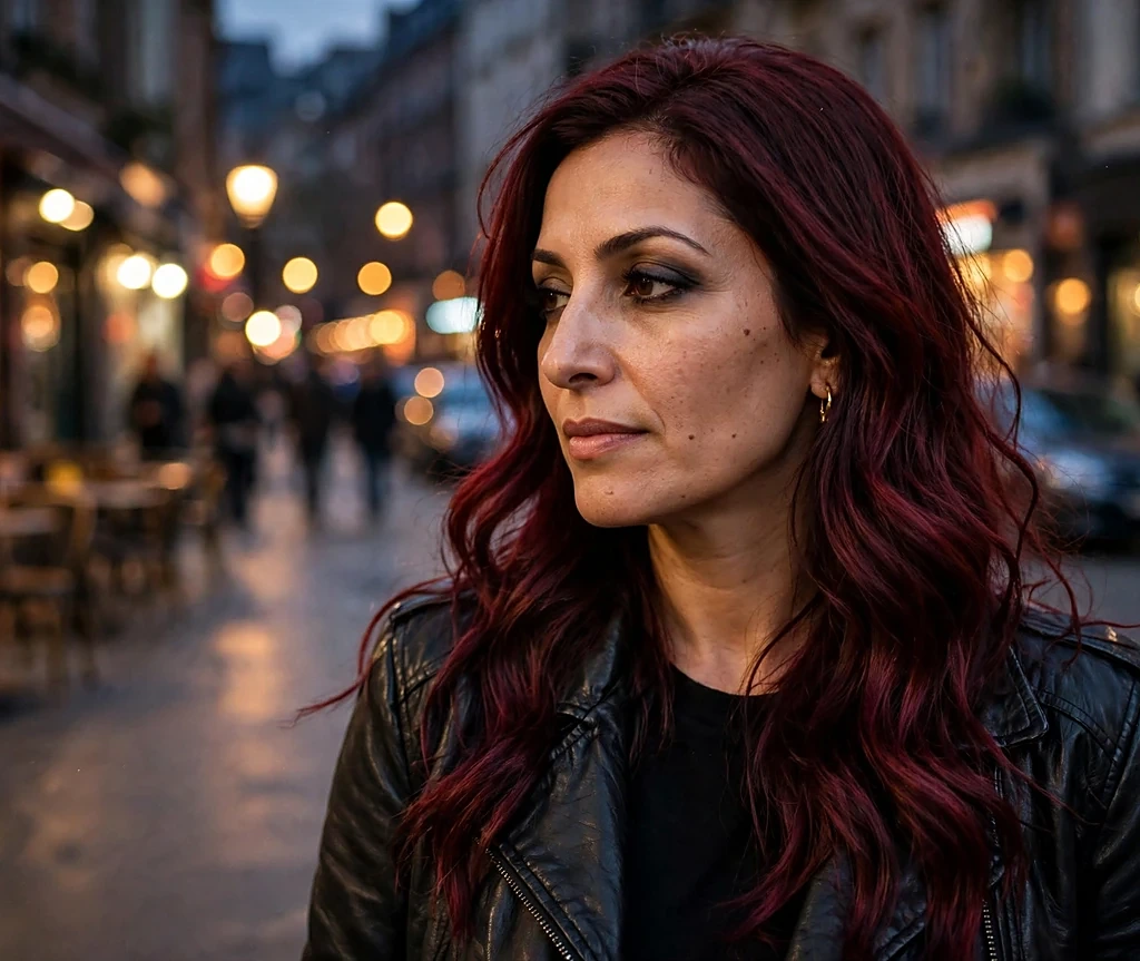 Woman with deep merlot wine-red melted color on long glossy waves on an evening street