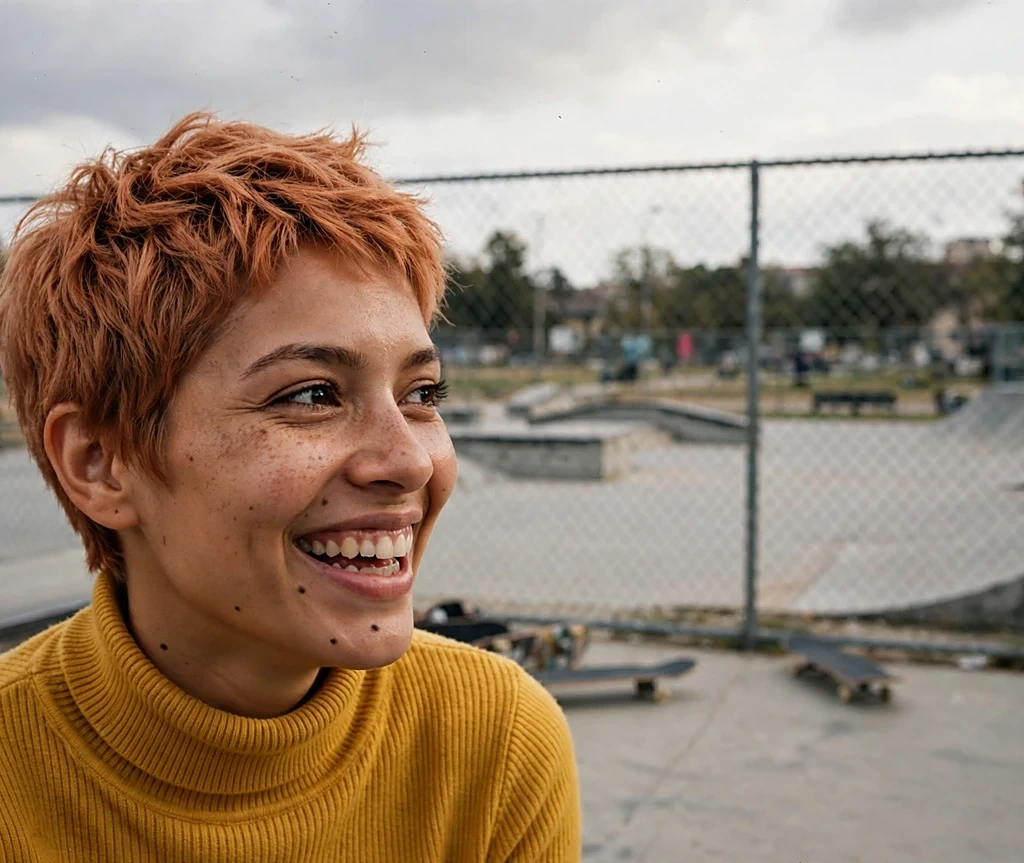 Woman with a peachy copper textured pixie cut grinning playfully at a skate park
