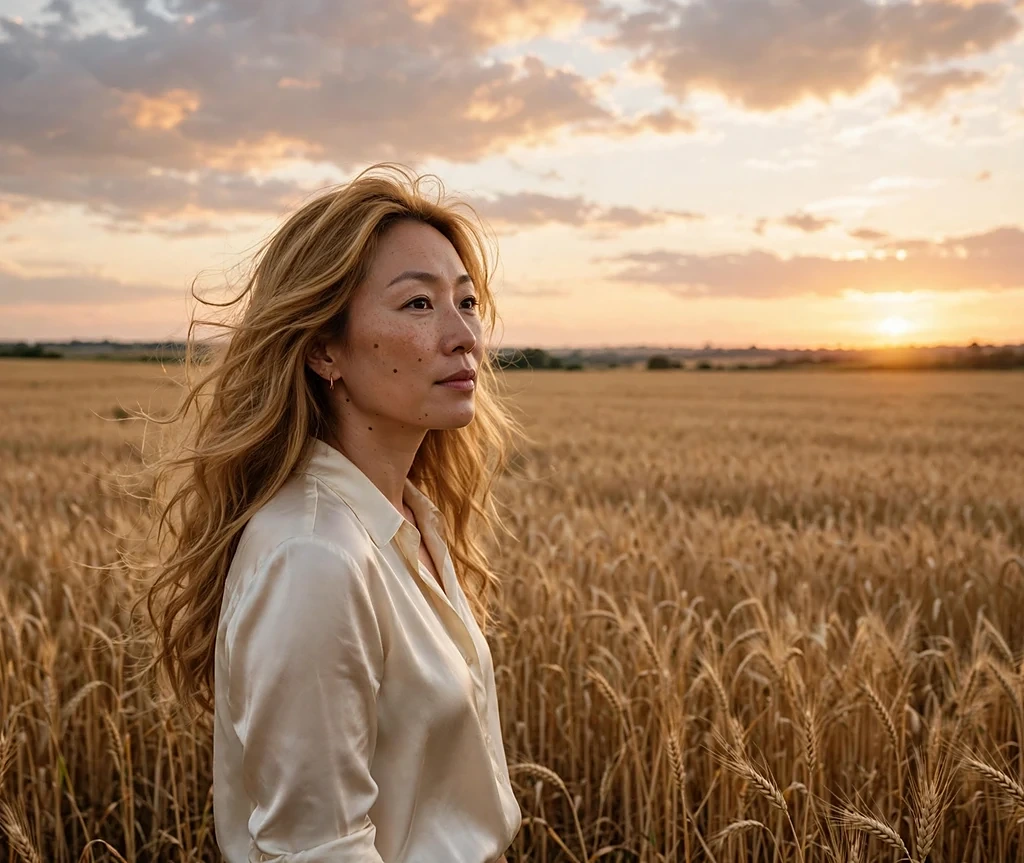 Woman with golden toffee long tresses standing in a golden field at sunset