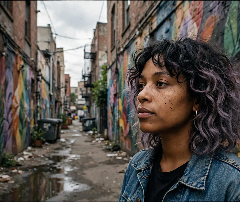 Woman with smoky amethyst purple-grey ends on dark hair wearing a denim jacket in an urban alley