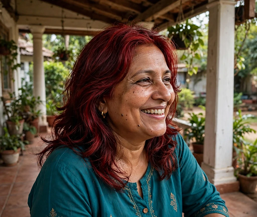 Woman with cranberry crush red long layered lob smiling warmly on a veranda