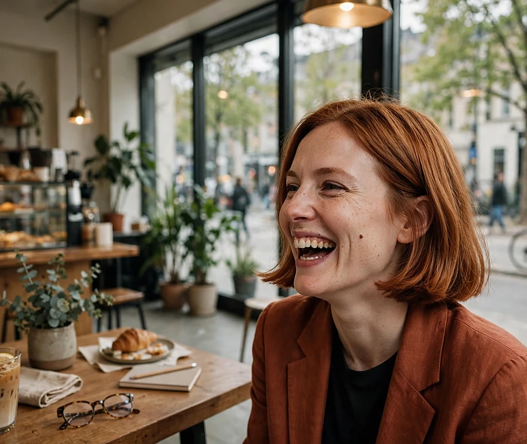 Woman with a terracotta glow warm orange-brown bob laughing by a coffee shop window