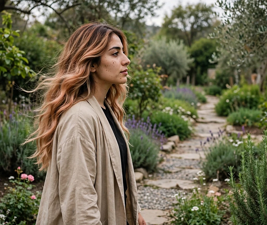 Woman with chai tea creamy copper balayage on long wavy hair walking along a garden path