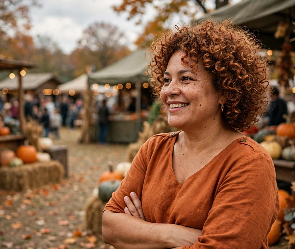 Woman with cinnamon roll warm copper tight curls smiling at an autumn fair