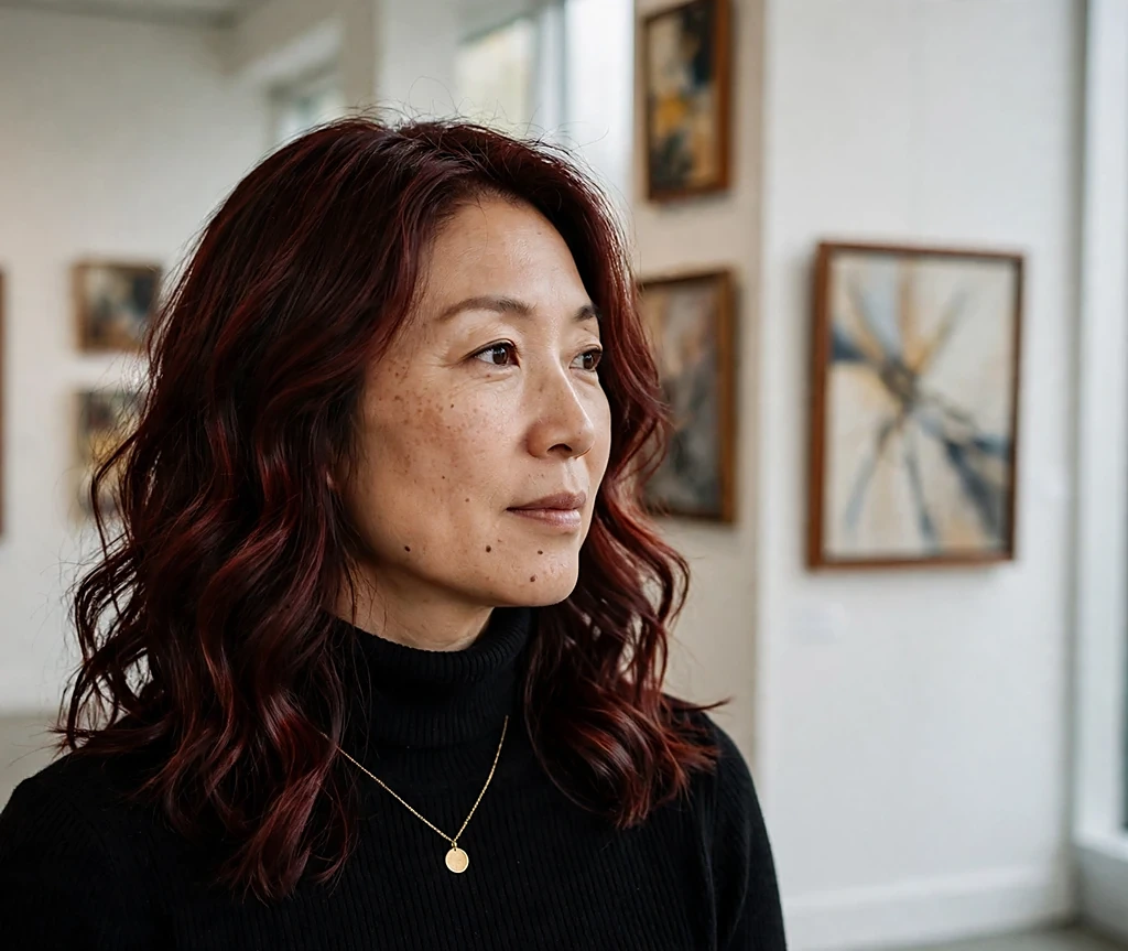 Woman with mahogany fire deep red-brown glossy waves in an art gallery