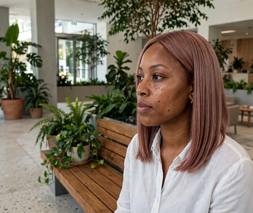 Woman with rosewood dusty-rose gloss on sleek shoulder-length hair in a bright office lobby