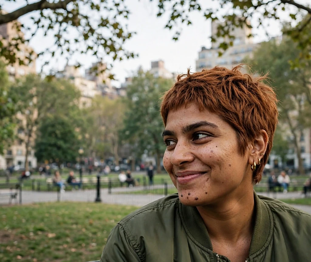 Woman with a copper penny textured pixie cut and bold brows smiling in a city park