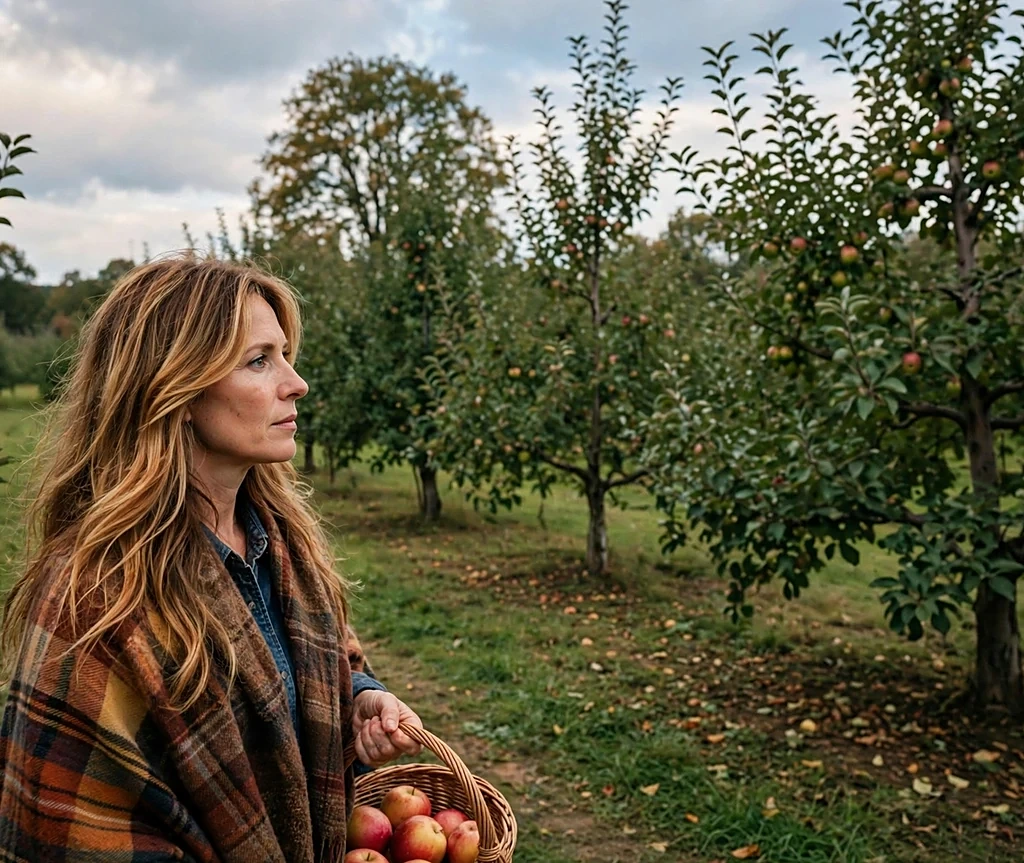 Woman with harvest gold golden-copper balayage holding a basket in an apple orchard