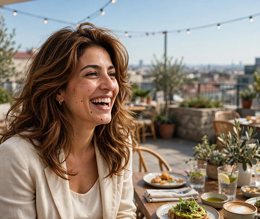 Woman with warm cognac caramel-brown voluminous layers laughing at a rooftop brunch