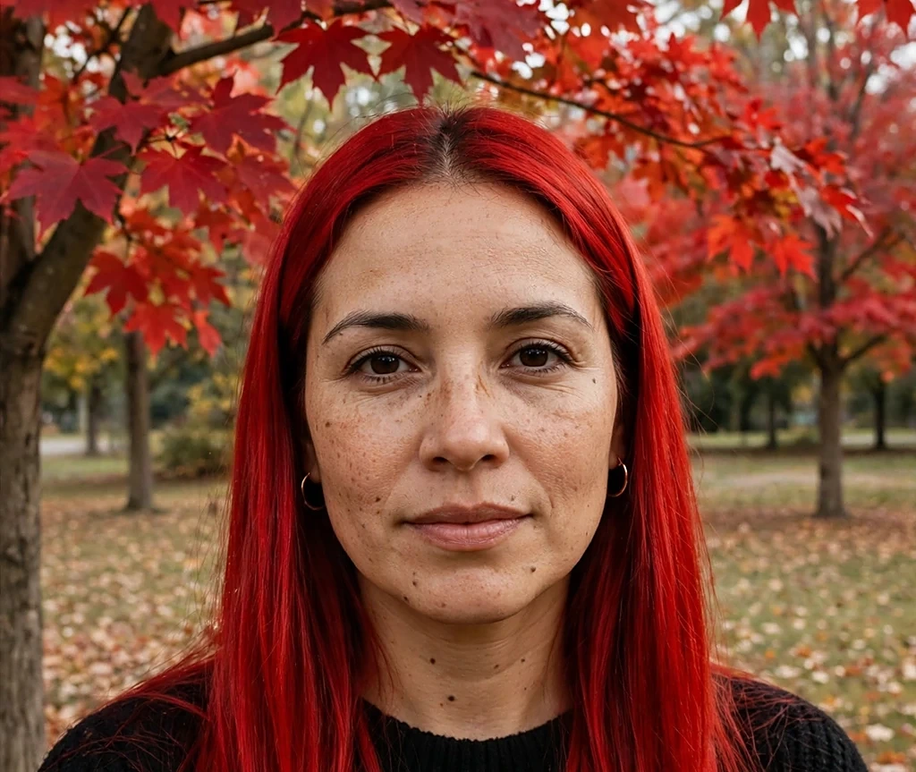 Woman with scarlet leaf vivid red long straight hair standing before a red-leafed tree