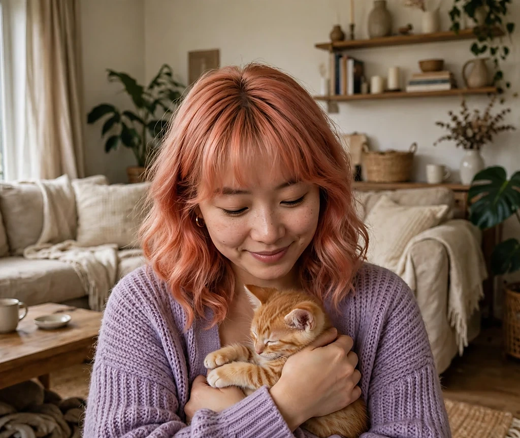 Woman with blush copper soft pink-orange waves and bangs holding a kitten in a cozy living room