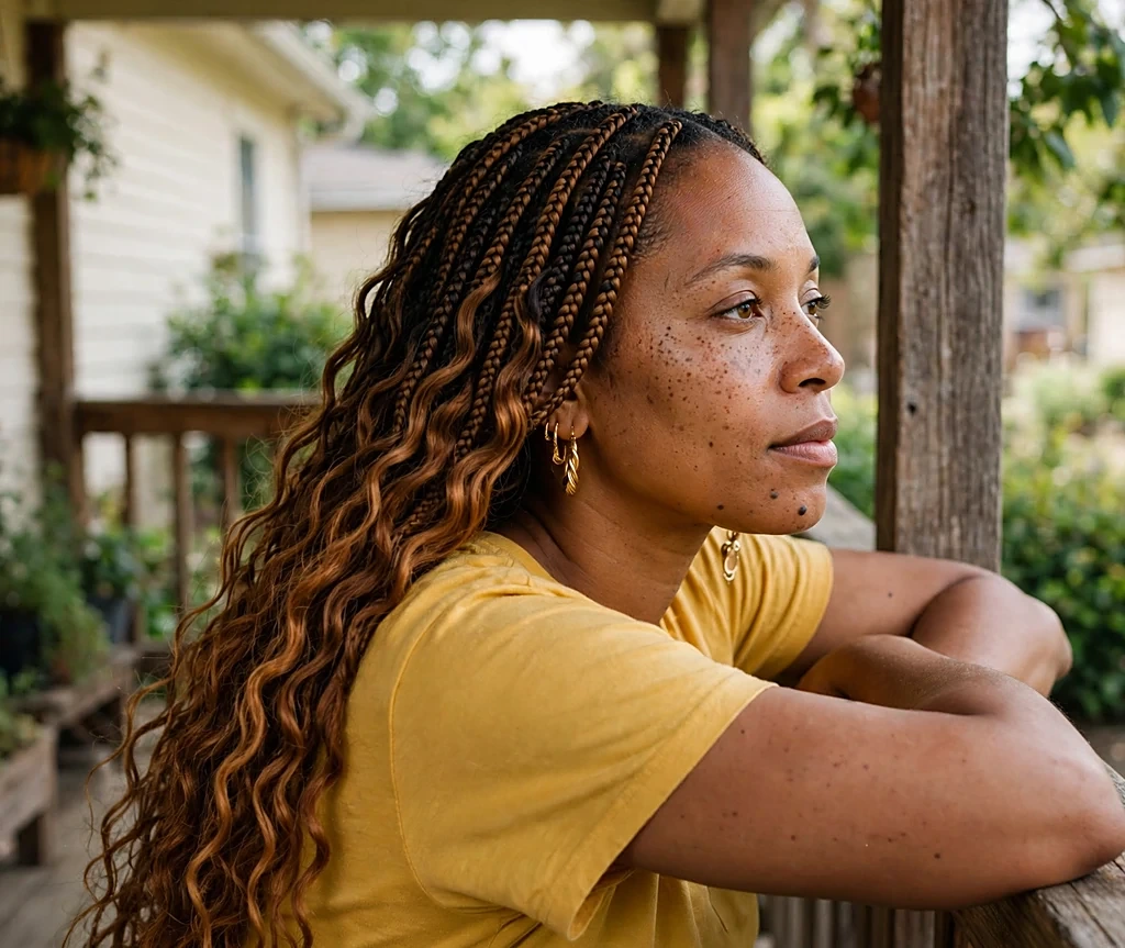 Woman with amberwood warm amber-brown ombré on long waves leaning on a porch railing