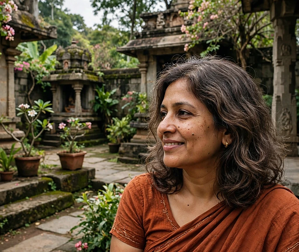 Woman with a fig and fawn muted plum-brown blend on shoulder waves smiling in a temple garden