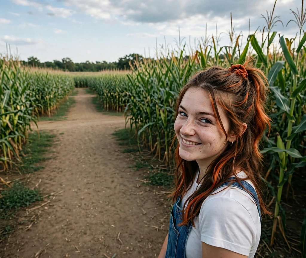 Woman with paprika spice orange-red streaks in a half-up hairstyle at a corn maze