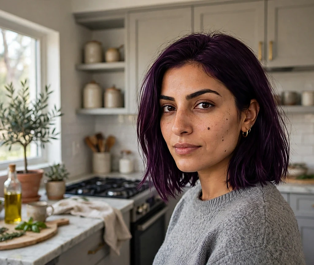 Woman with a velvet plum deep purple blunt lob gazing confidently in a modern kitchen