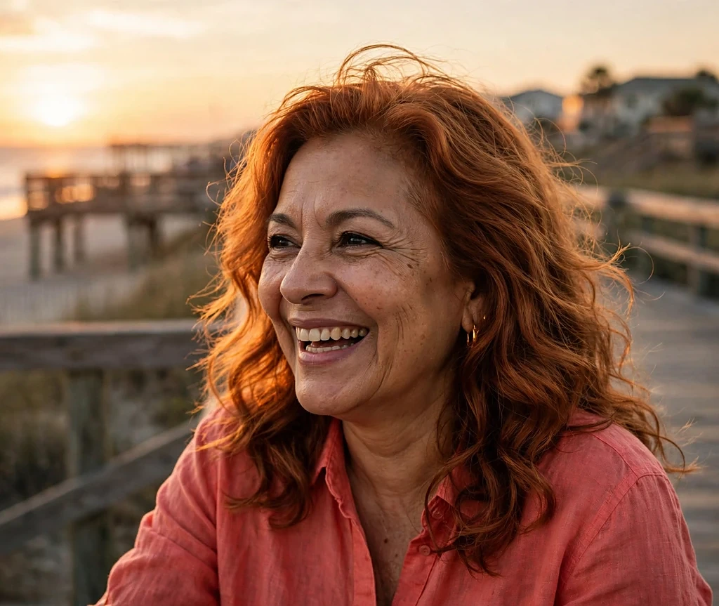 Woman with golden hour copper glowing auburn waves on a sunset boardwalk