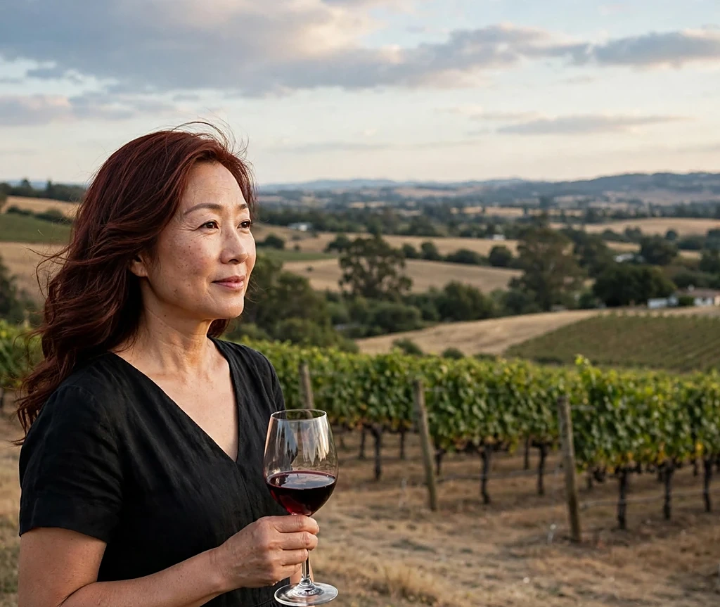 Woman with sangria silk wine-red silky waves at a vineyard holding a wine glass