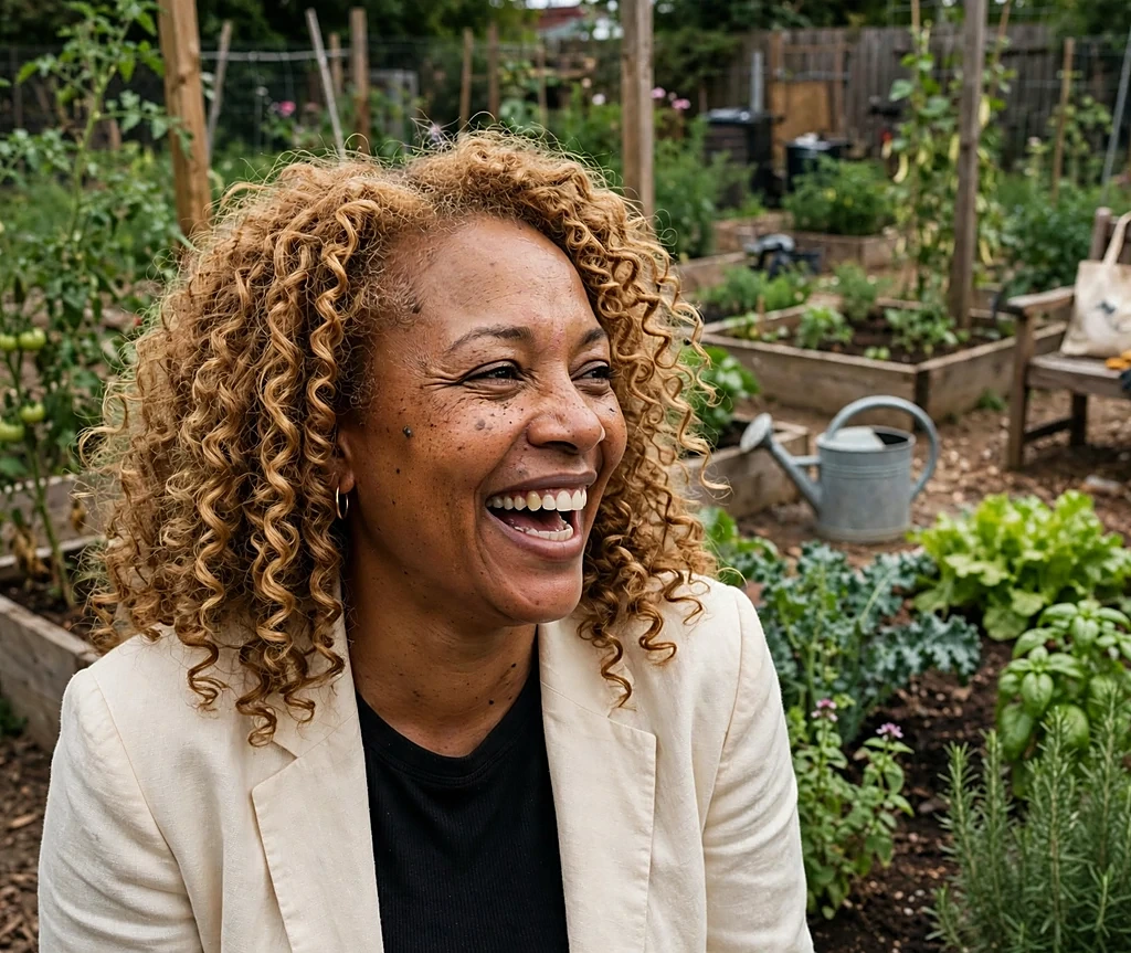 Woman with butterscotch twirl golden-brown defined ringlets laughing in a community garden