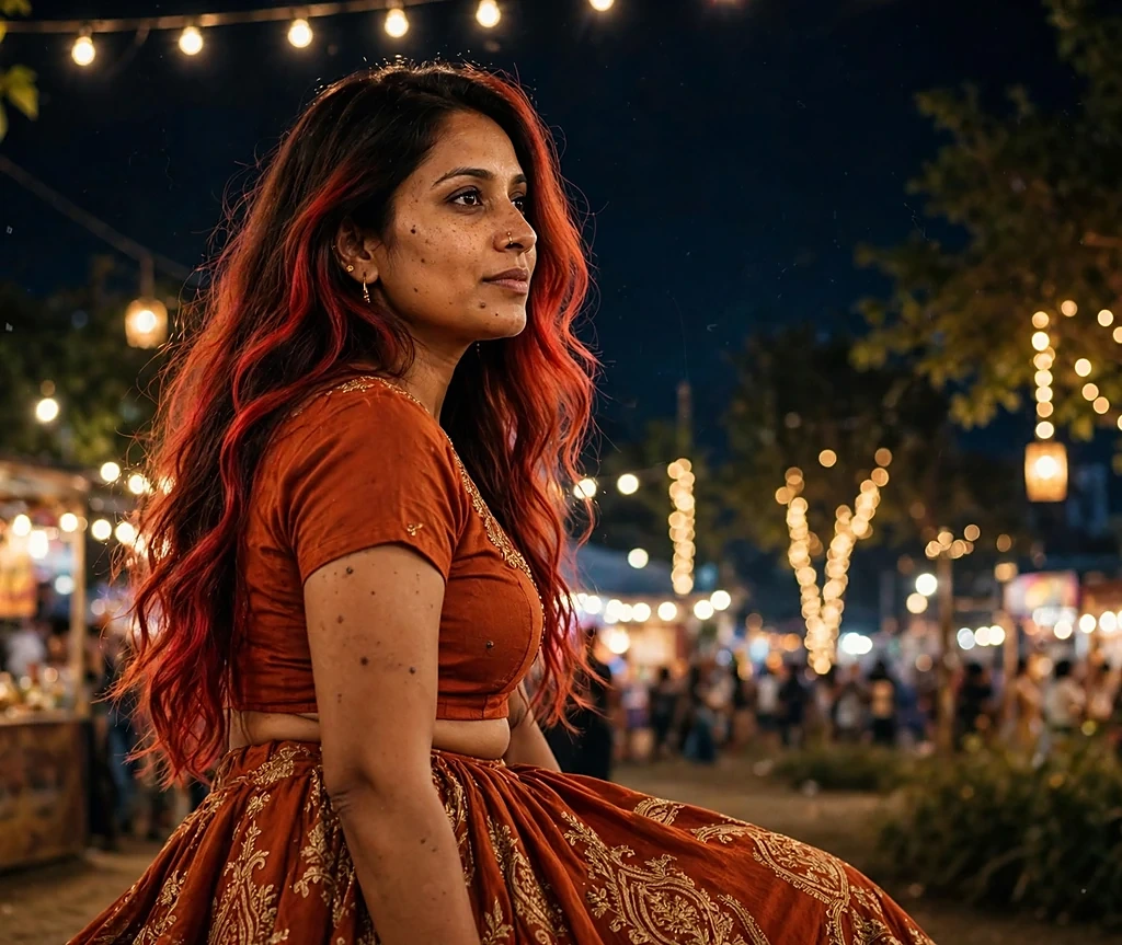 Woman with ember red balayage from brown roots to red-orange ends at a festival with lights