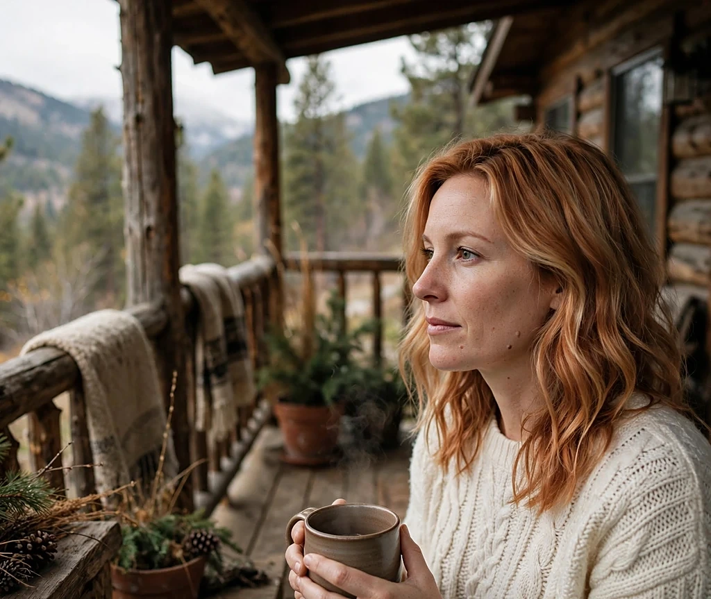 Woman with toasted marshmallow copper blonde-copper soft waves holding a mug on a cabin porch