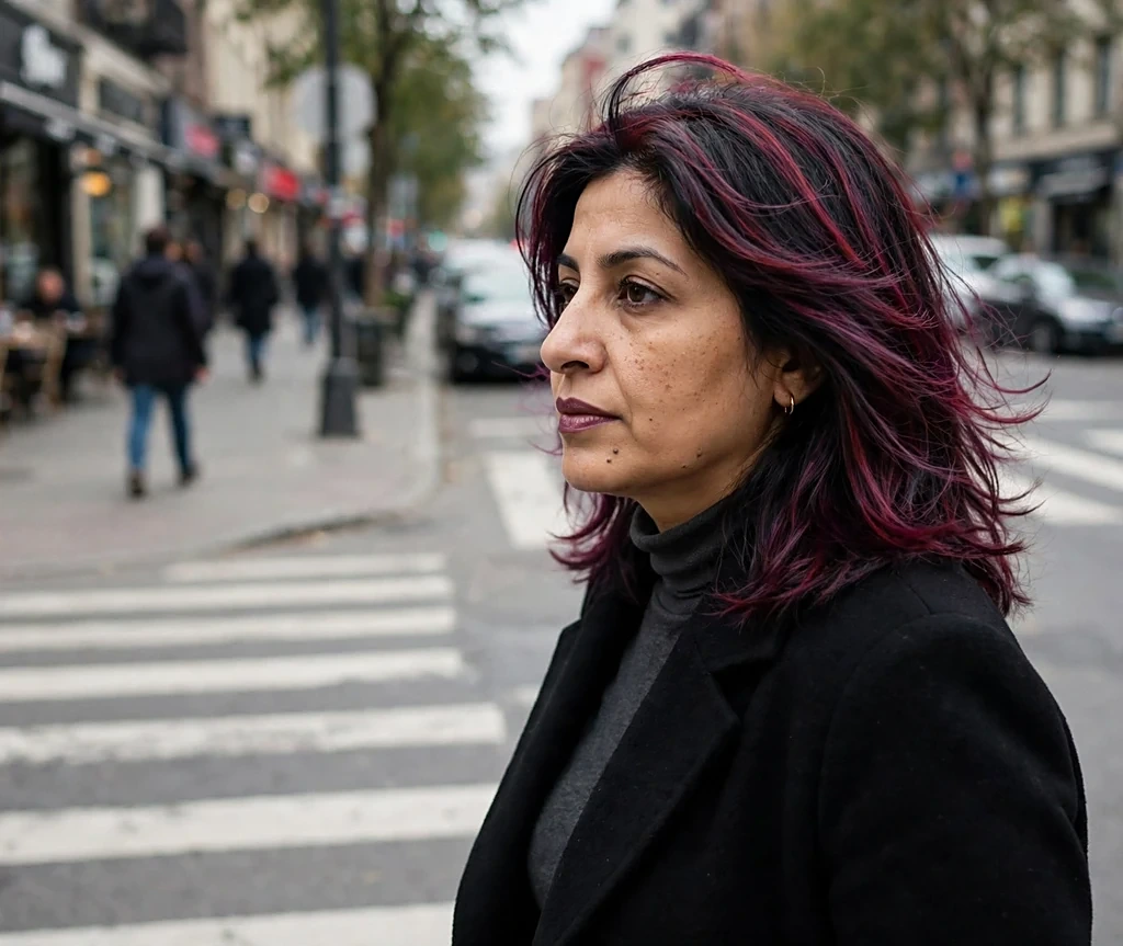 Woman with plum crazy purple-red highlights on dark layered hair crossing a city street