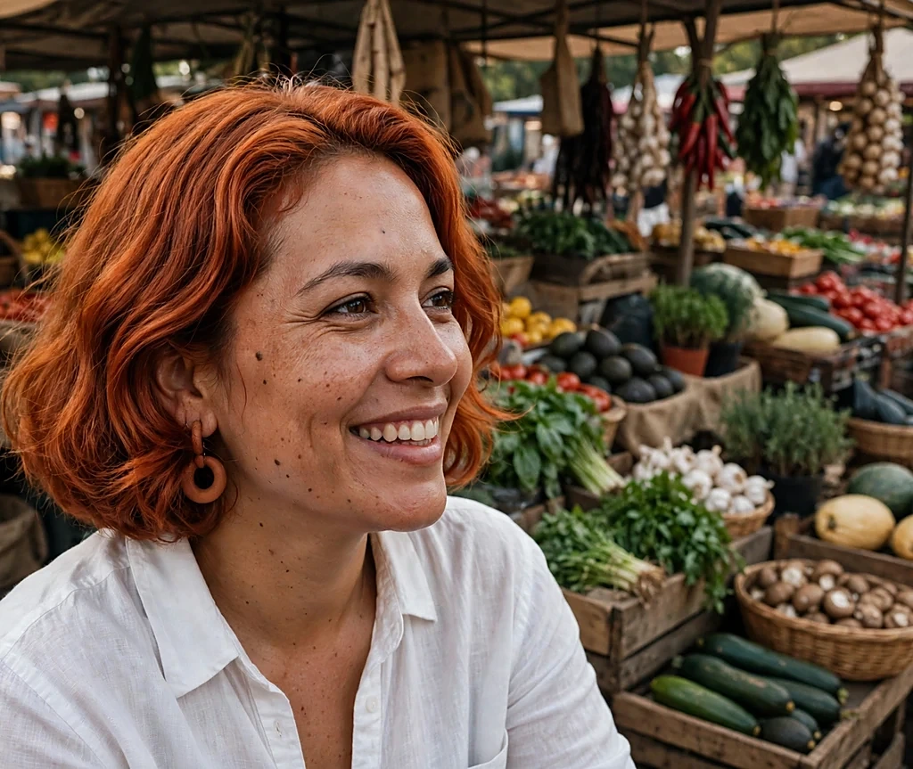 Woman with an autumn copper coin bright copper rounded bob smiling at a market