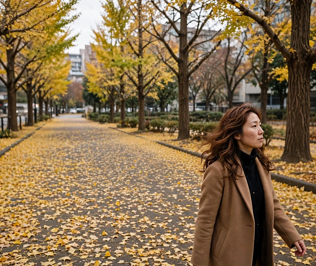 Woman with spiced rum warm spiced-brown glossy waves walking through fallen ginkgo leaves