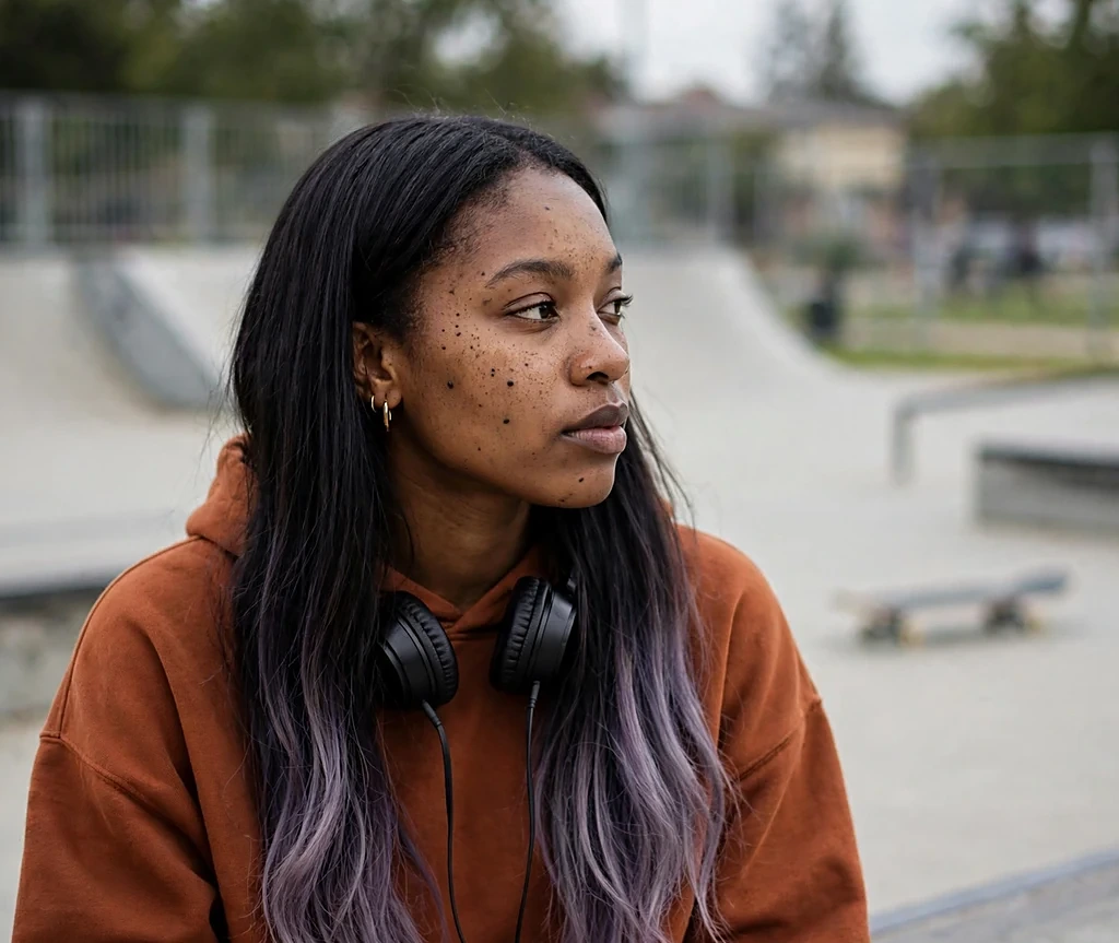 Woman with orchid dusk purple-grey ombré ends on black hair wearing a rust hoodie at a skatepark