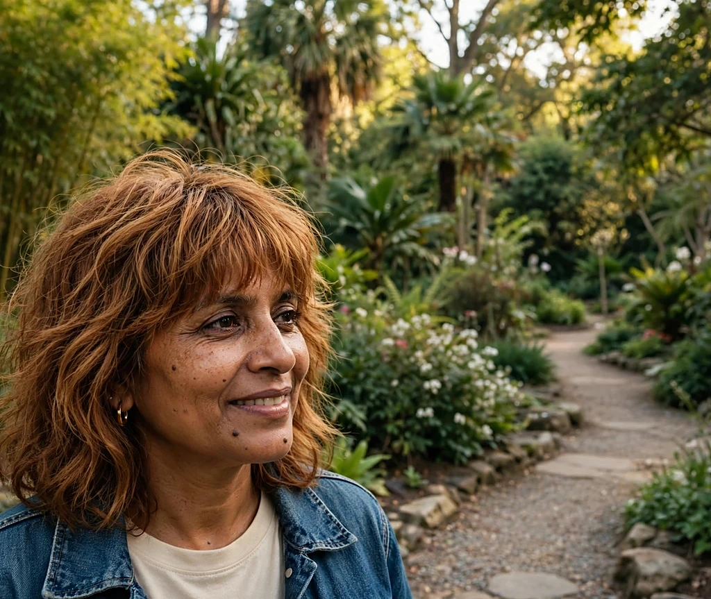 Woman with a honeyed auburn textured shag and curtain bangs on a botanical garden path