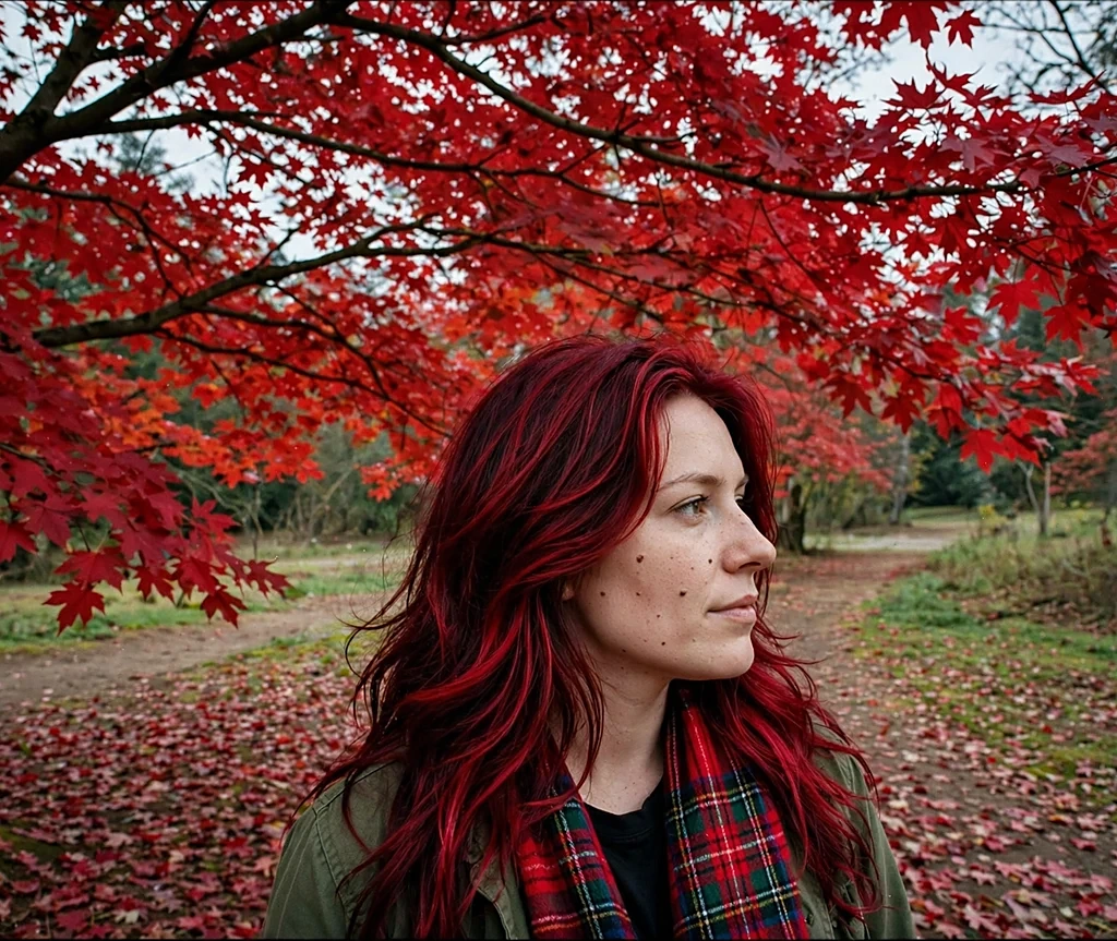 Woman with crimson maple deep crimson-red melted color on long layers under a red maple canopy