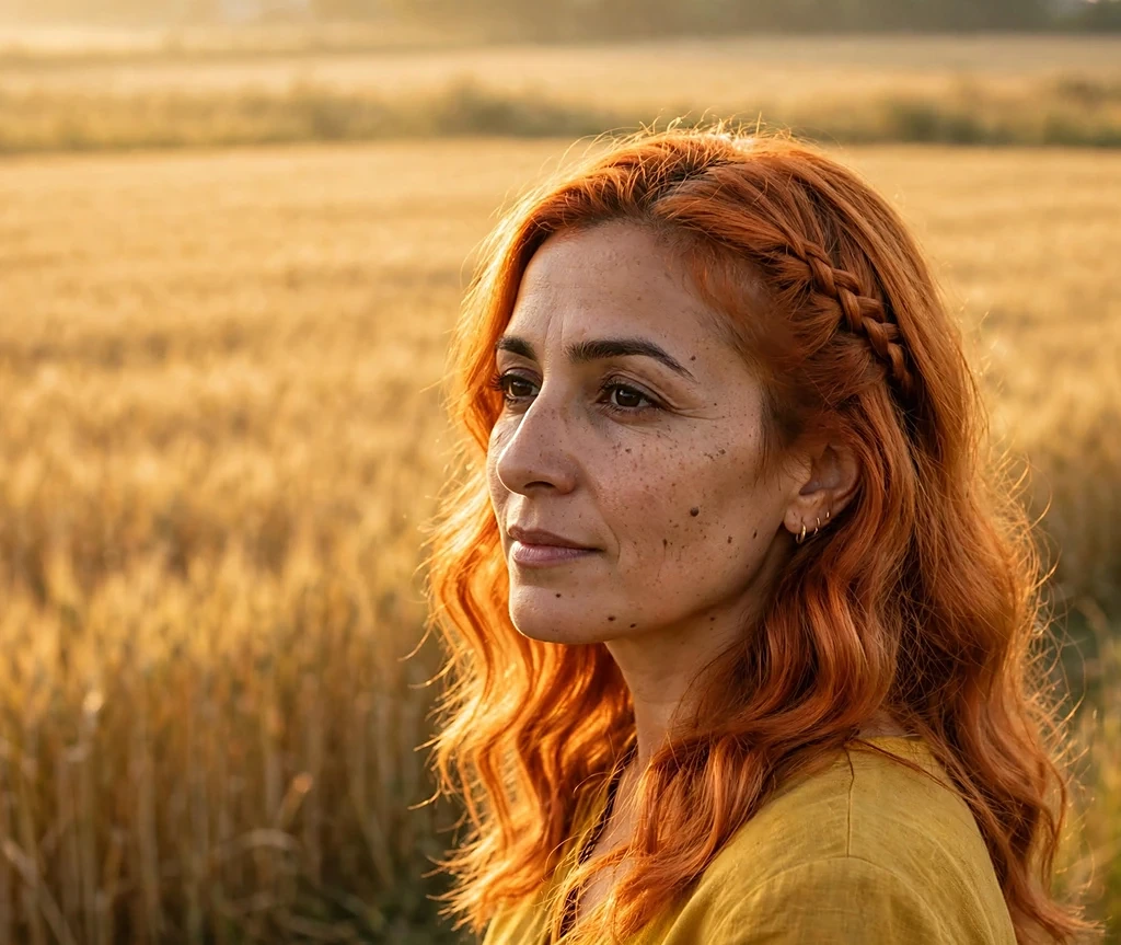 Woman with sunrise copper bright copper-orange glowing waves in a golden morning field