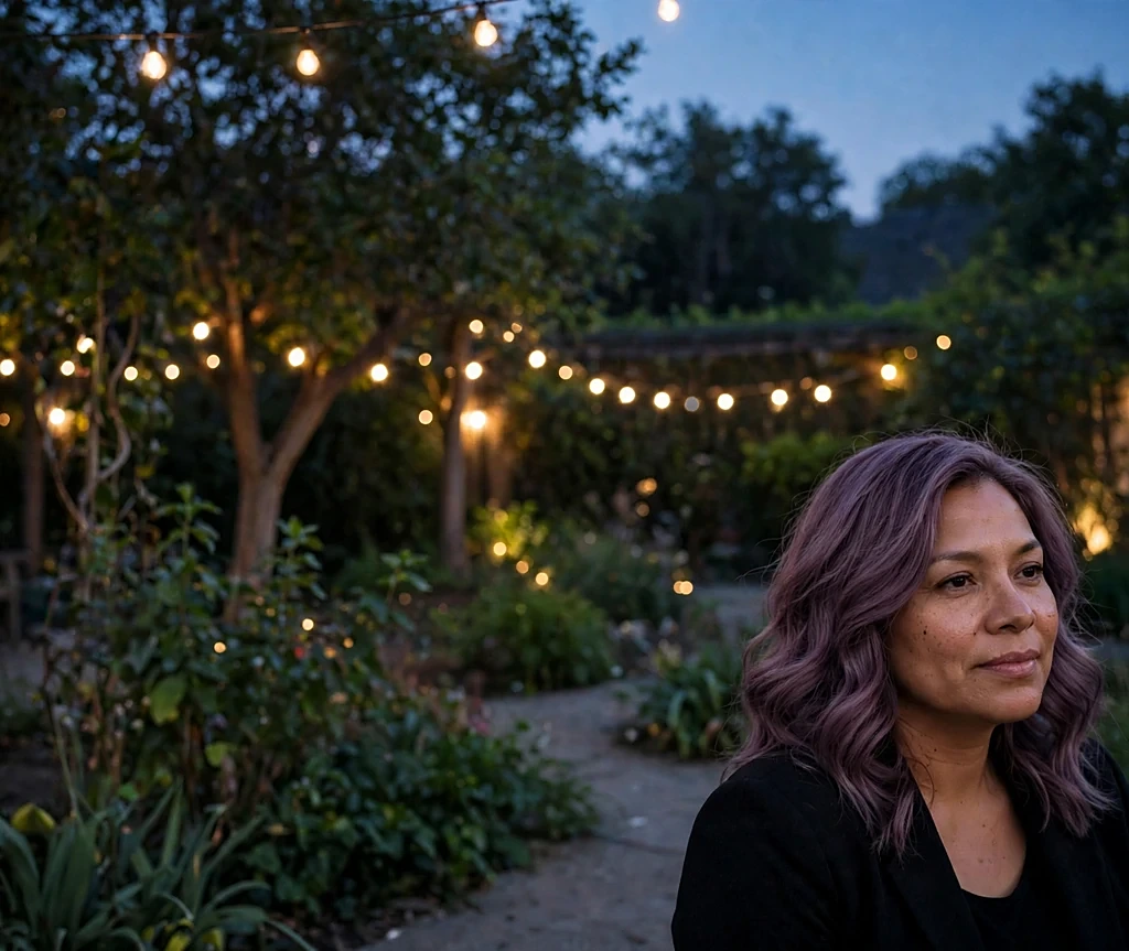 Woman with twilight plum dusky purple waves with a serene expression in an evening garden