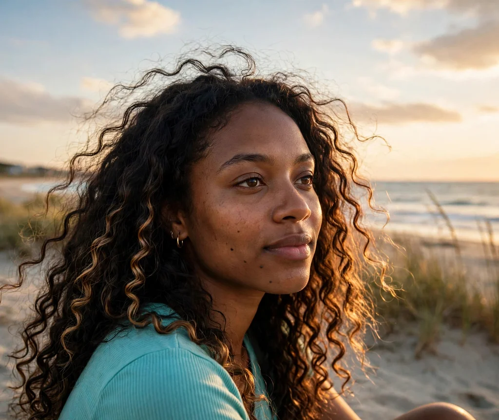 Woman with caramel balayage curls on a beach at golden hour