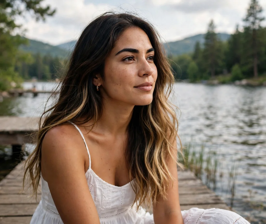 Woman with honey blonde balayage on a lakeside dock