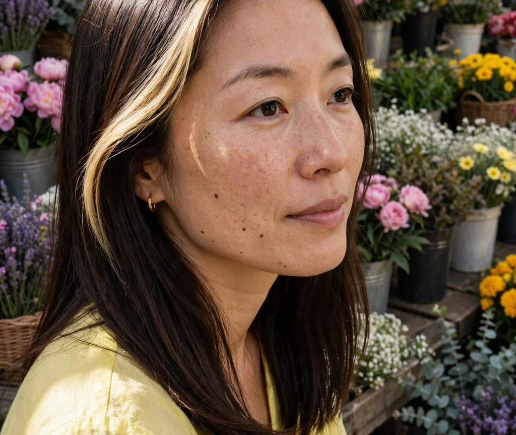 Woman with a blonde money piece at a flower market